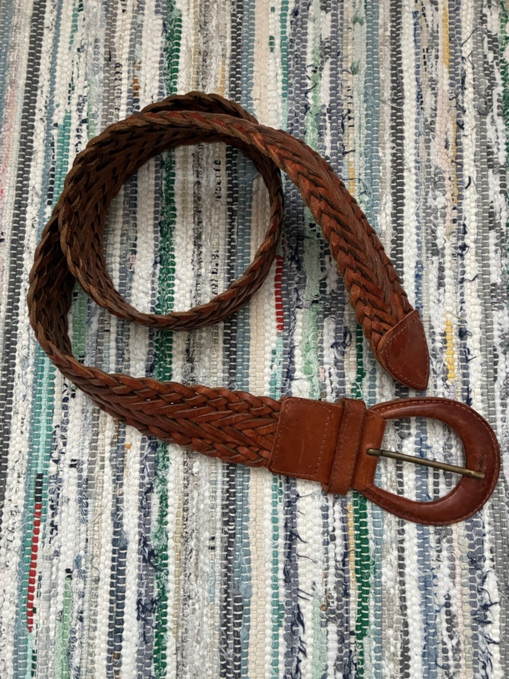 VTG brown M/L leather wide woven belt 80s 90s Boho Hippie Western
